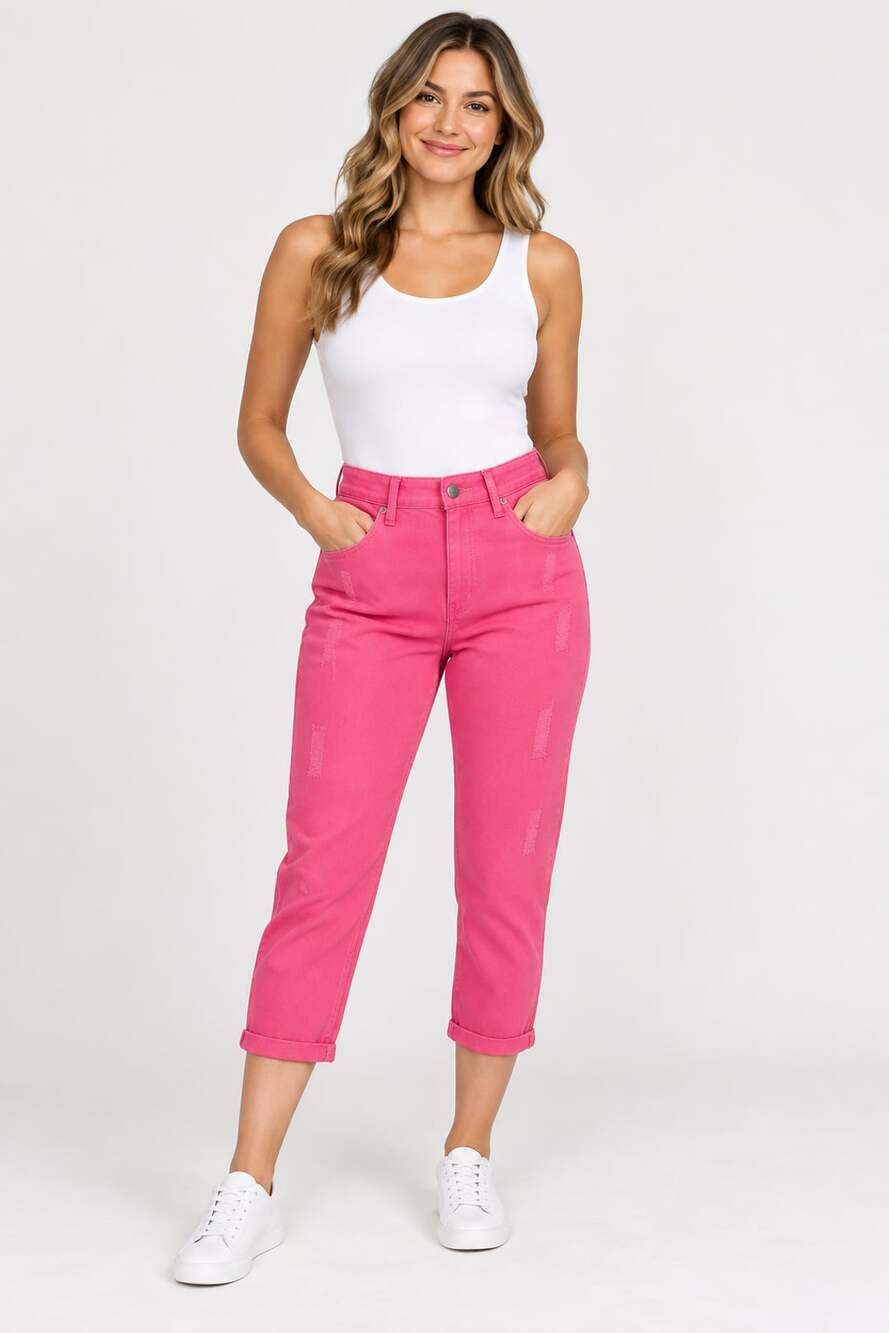 Flamingals High-Rise Distressed Hot Pink Denim Crop Jeans size small